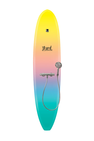 Strand Boards® Strand Series Ibiza Outdoor Surfboard Shower in yellow, pale orange, pink, purple, teal, turquoise with Beach Component