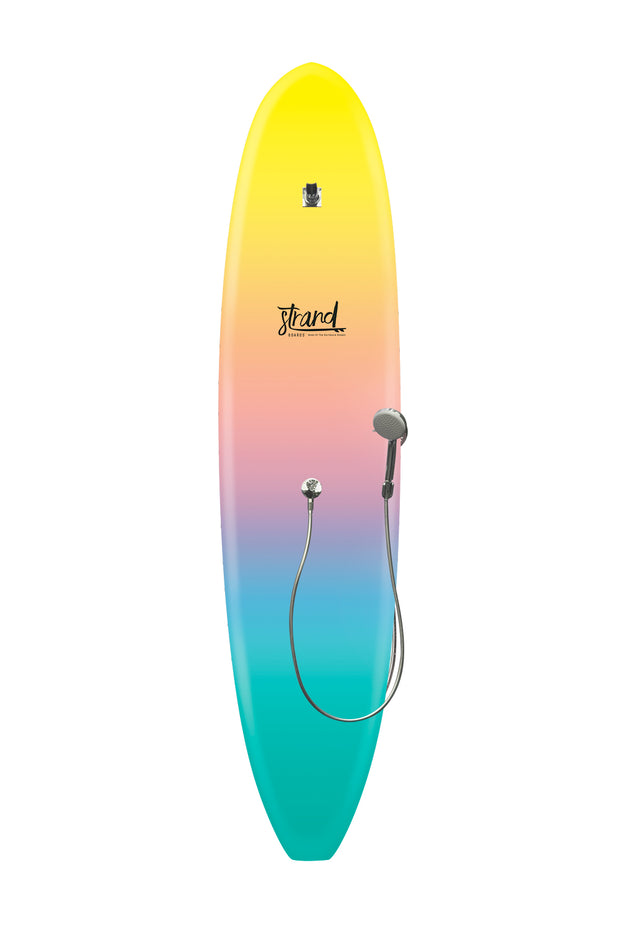 Strand Boards® Strand Series Ibiza Outdoor Surfboard Shower in yellow, pale orange, pink, purple, teal, turquoise with Sole Component