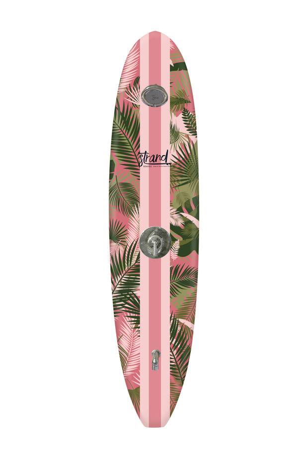 Strand Boards Waikiki Outdoor Shower | Pink stripe and tropical palm print
