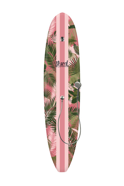 Strand Boards Waikiki Outdoor Shower | Pink stripe and tropical palm print
